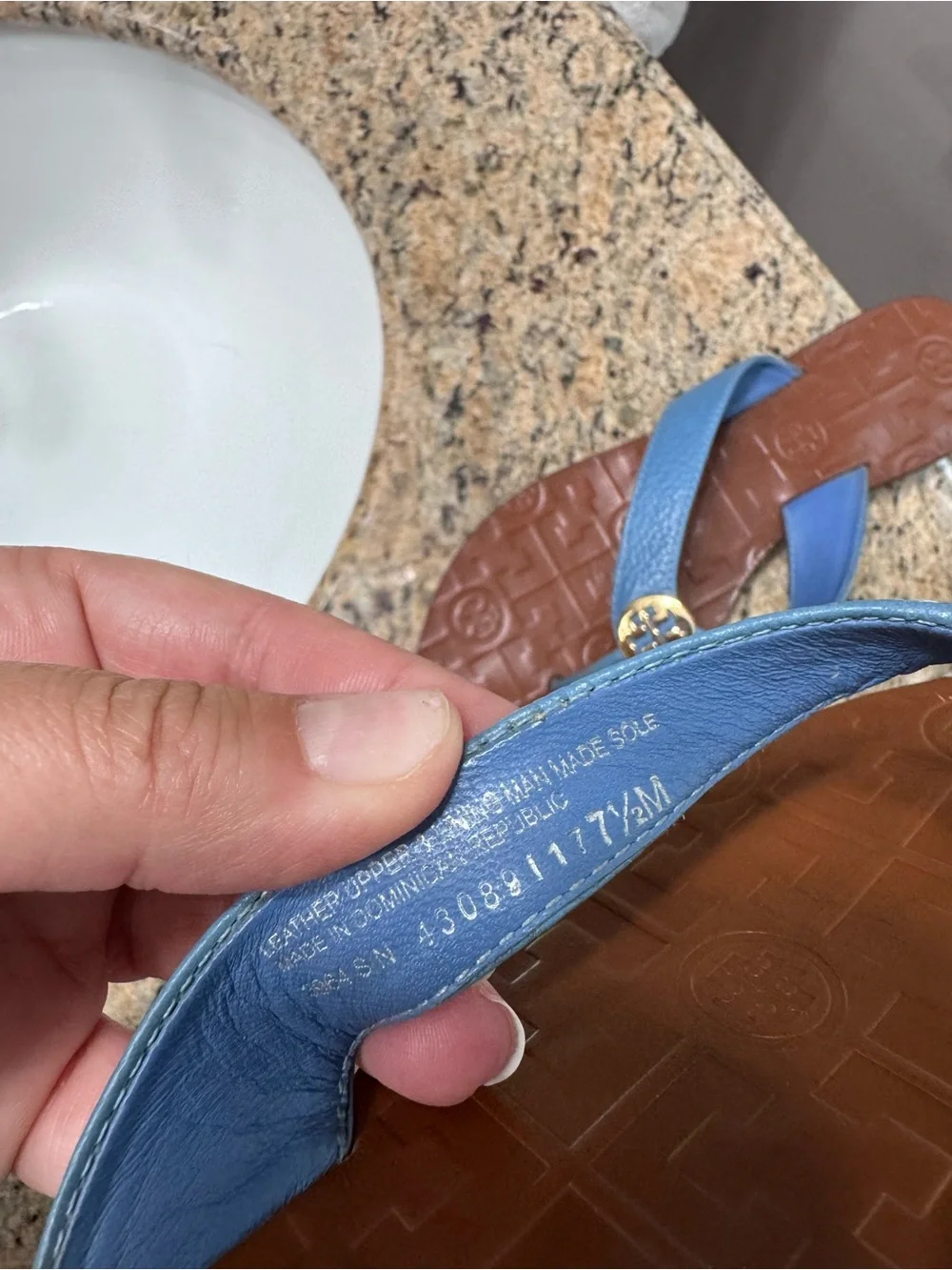 👡Tory Burch Blue Thora Leather Thong Sandals Gold Logo On Tan Footbed, 7.5👡